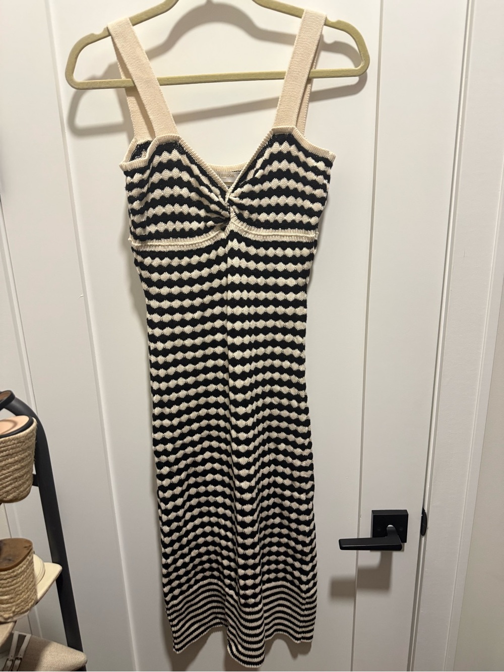 Ramy Brook Cream and Black Striped Knit Midi Dress